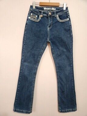 Western Blue Y2K McBling Embellished Thick Stitch Denim Jeans Size 28